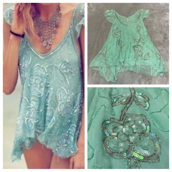 Free People Mint Green Embroidered Top - Picture 1 of 12